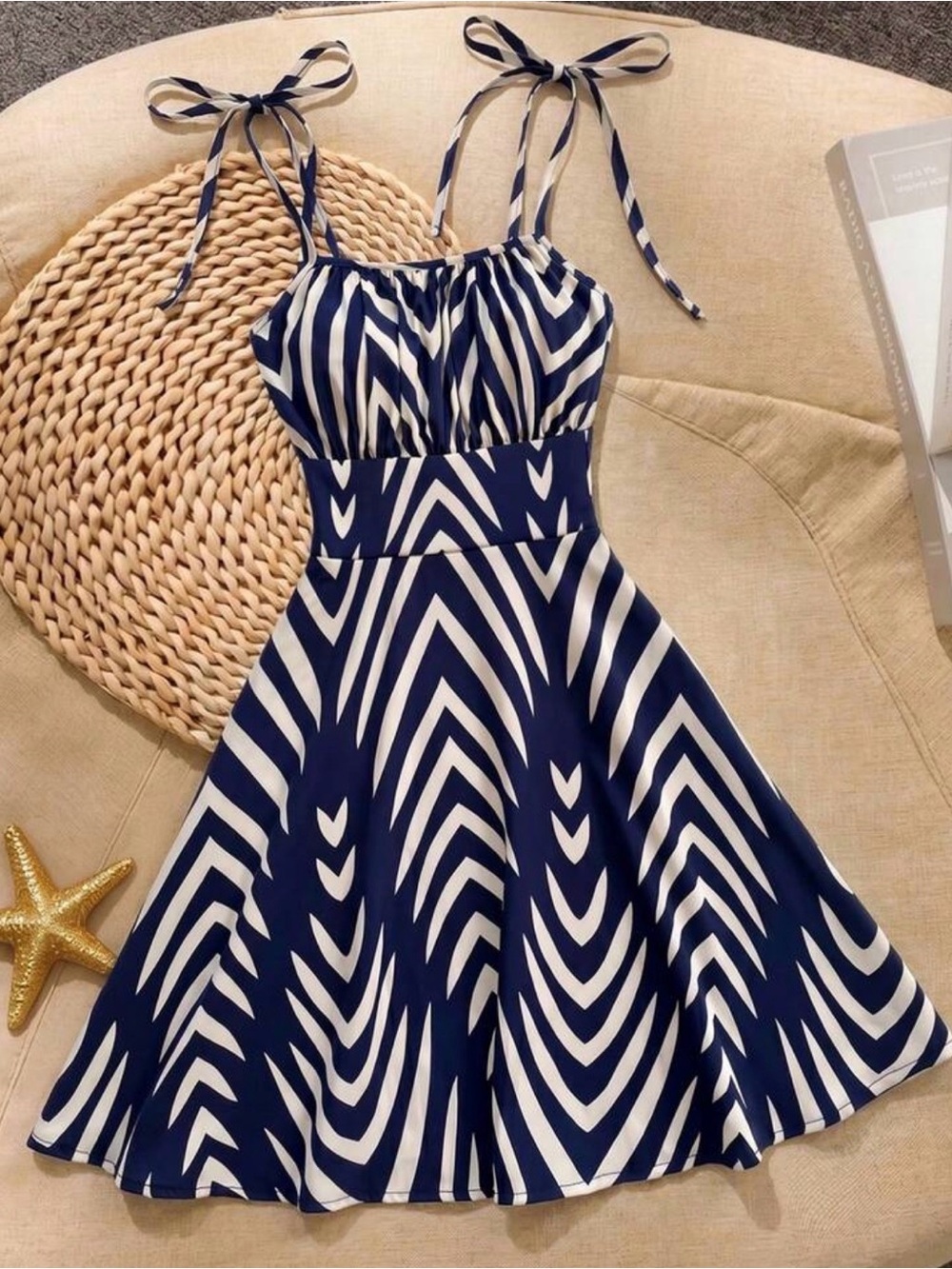 Navy & White Tie-Shoulder A-Line Dress